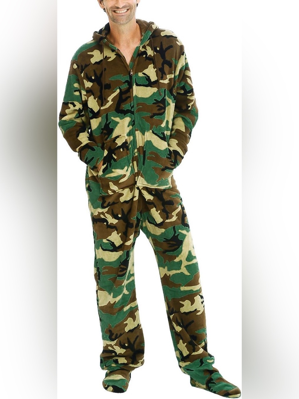Alexander Del Rossa Warm Fleece One Piece Hooded Footed Zipper Pajamas Set Men